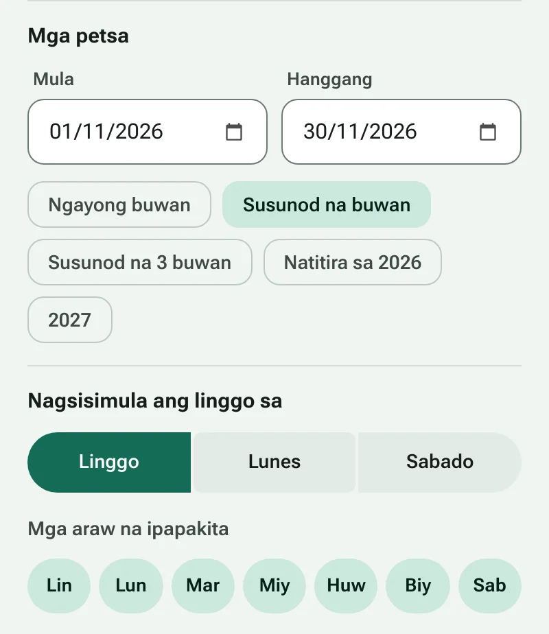 Simula at katapusang petsa na may mga shortcut ng petsa, at ang pagpili ng unang araw ng linggo