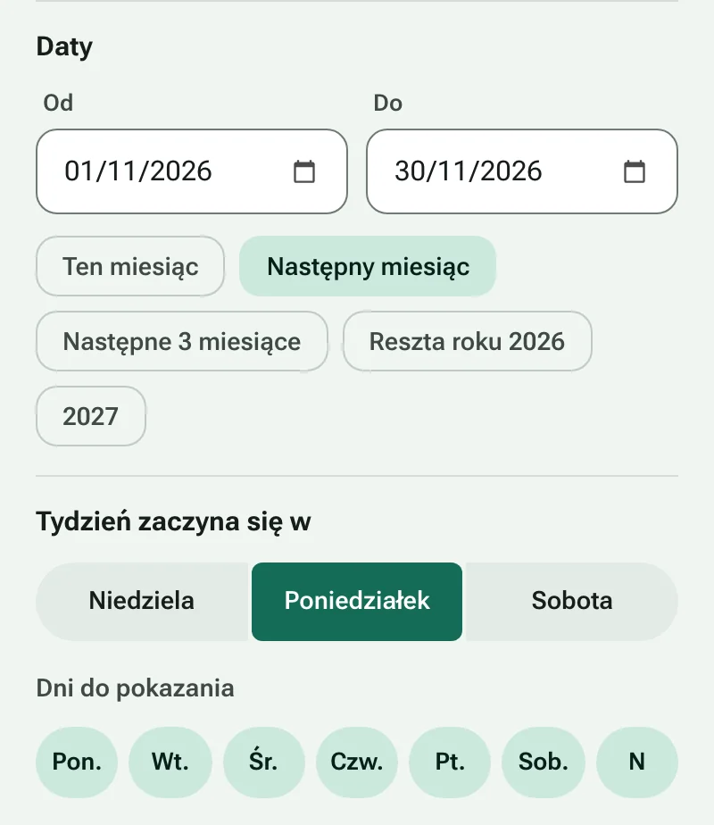 Daty początkowa i końcowa ze skrótami dat oraz wybór pierwszego dnia tygodnia