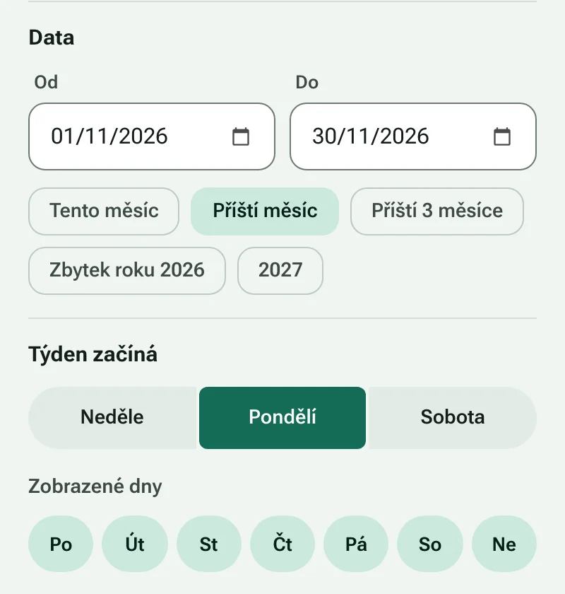 Datum začátku a konce se zkratkami dat a volba prvního dne týdne