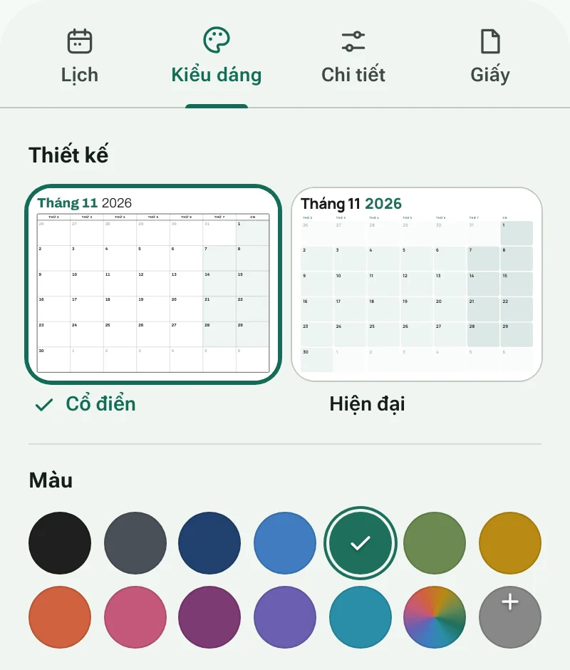 Tab Kiểu dáng với các thiết kế lịch và mẫu màu