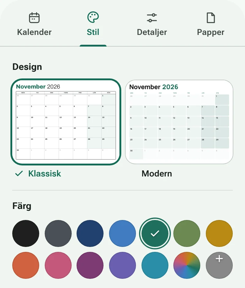 Fliken Stil med kalenderdesigner och färgprover
