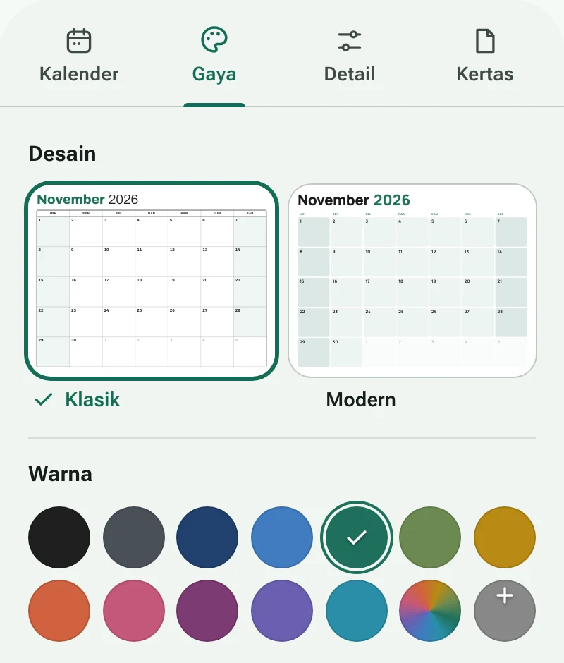Tab Gaya dengan desain kalender dan contoh warna