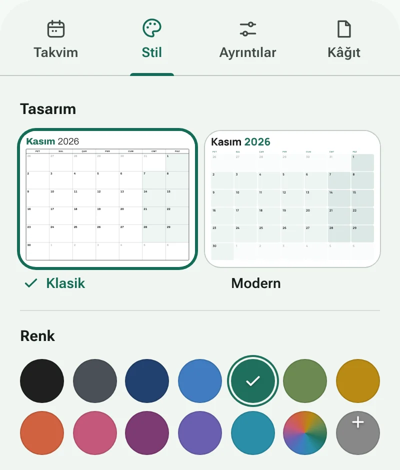 Takvim tasarımları ve renk örneklerinin bulunduğu Stil sekmesi