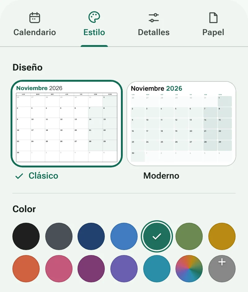 La pestaña Estilo con diseños de calendario y muestras de color