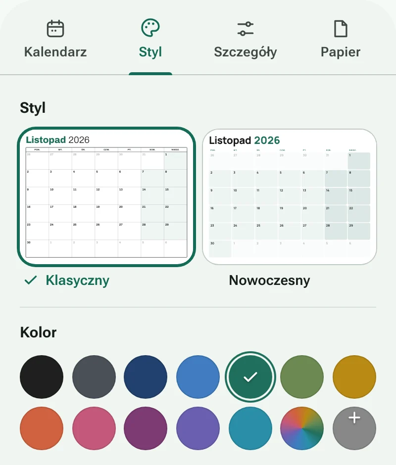Karta Styl ze stylami kalendarza i próbkami kolorów