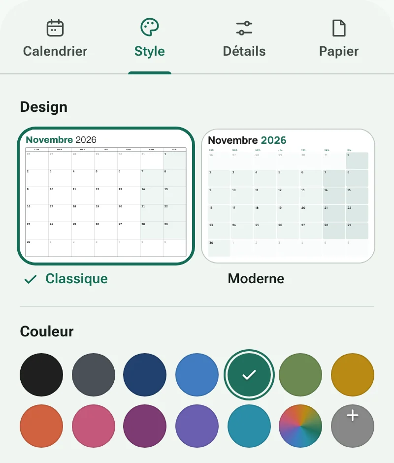 L'onglet Style avec les designs de calendrier et les nuanciers de couleurs