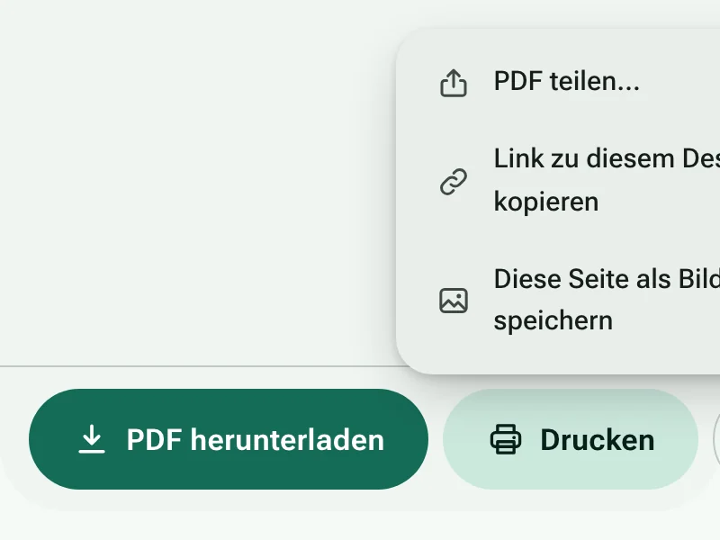 Die Schaltflächen PDF herunterladen und Drucken, mit geöffnetem Teilen-Menü