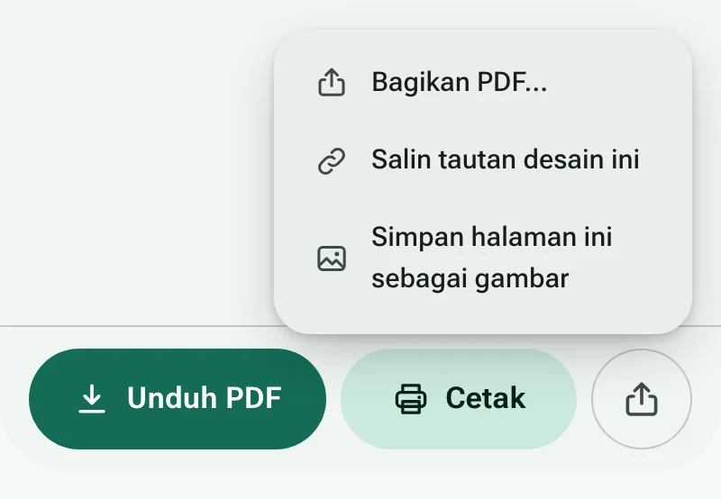 Tombol Unduh PDF dan Cetak, dengan menu bagikan terbuka