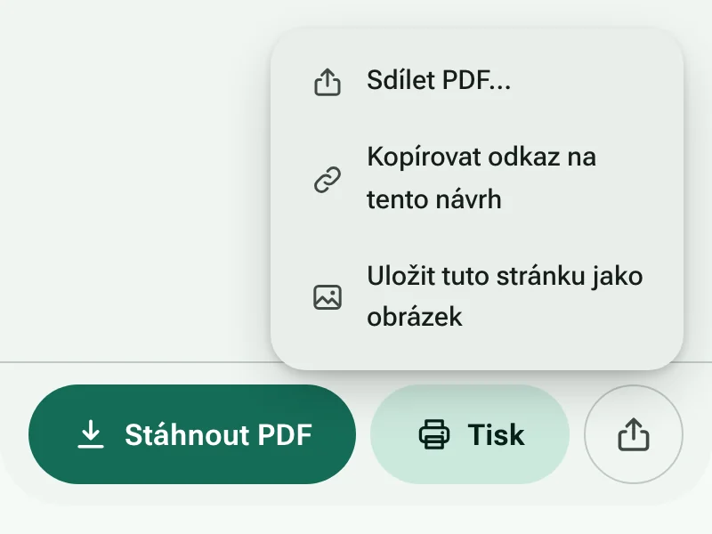 Tlačítka Stáhnout PDF a Tisk s otevřenou nabídkou sdílení
