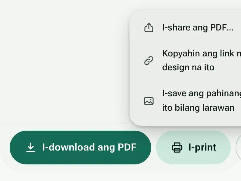 Ang mga button na Download PDF at Print, na nakabukas ang share menu