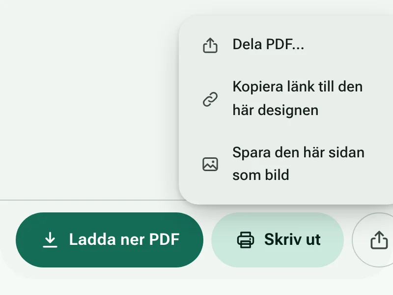 Knapparna Ladda ner PDF och Skriv ut, med delningsmenyn öppen