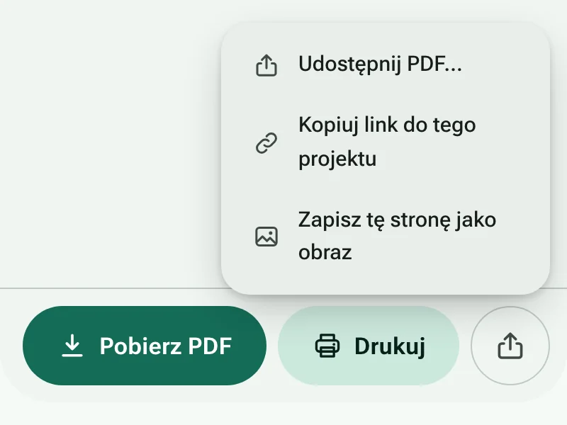 Przyciski Pobierz PDF i Drukuj z otwartym menu udostępniania