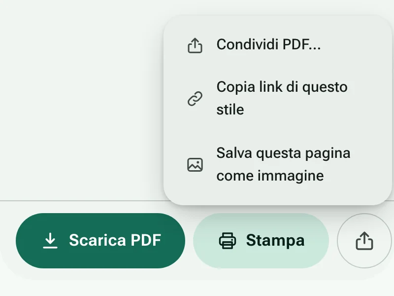 I pulsanti Scarica PDF e Stampa, con il menu di condivisione aperto