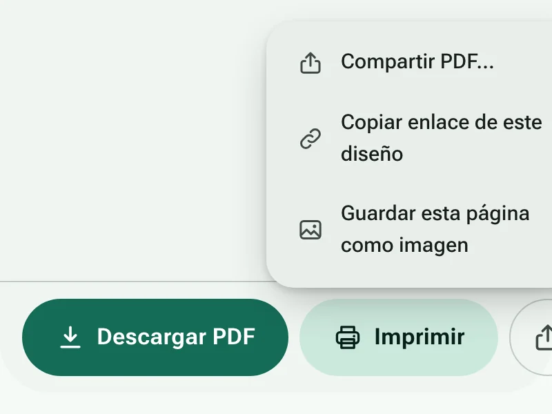 Los botones Descargar PDF e Imprimir, con el menú de compartir abierto