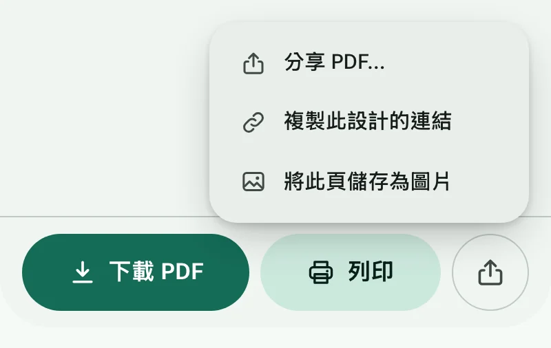 「下載 PDF」和「列印」按鈕，以及已展開的分享選單