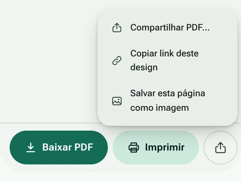 Os botões Baixar PDF e Imprimir, com o menu de compartilhamento aberto