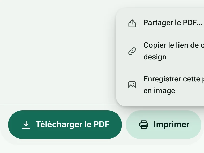Les boutons Télécharger le PDF et Imprimer, avec le menu de partage ouvert