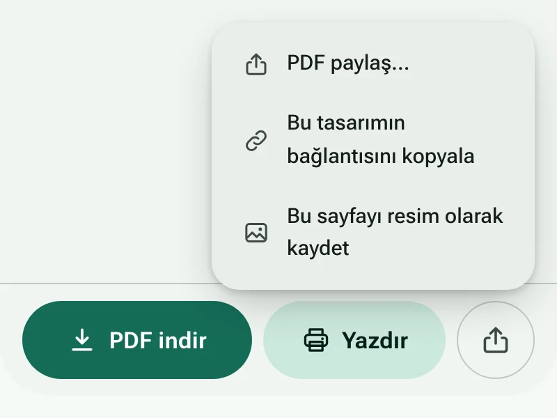 Paylaşım menüsü açıkken PDF indir ve Yazdır düğmeleri