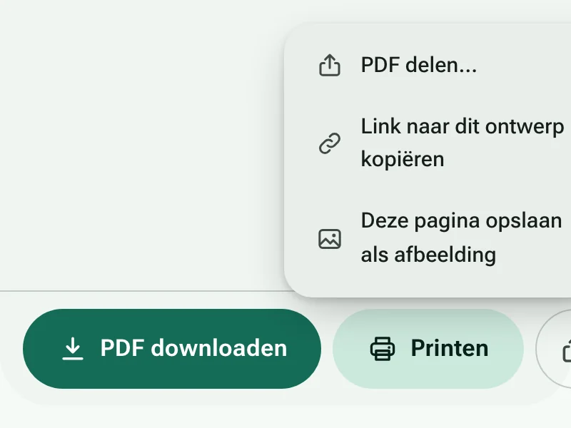 De knoppen PDF downloaden en Printen, met het deelmenu geopend