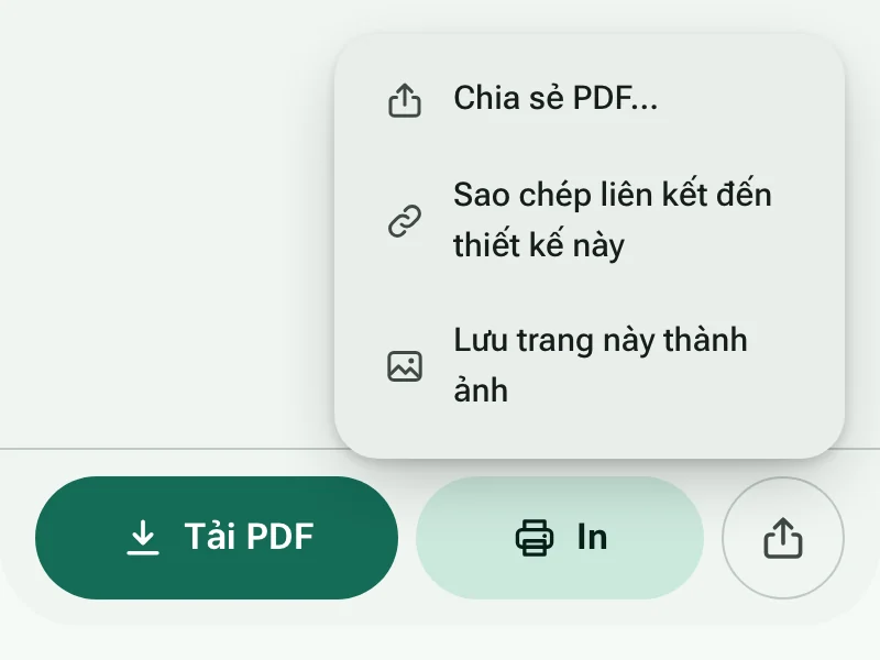 Các nút Tải PDF và In, với menu chia sẻ đang mở