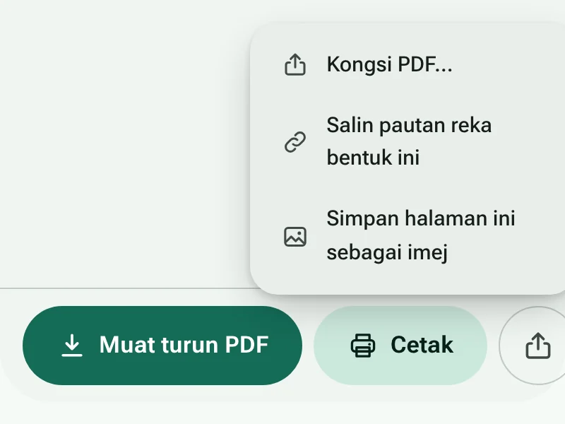 Butang Muat turun PDF dan Cetak, dengan menu kongsi dibuka