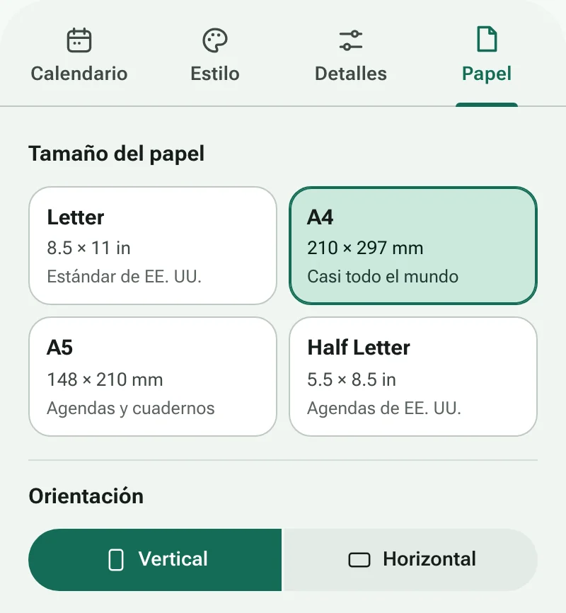 La pestaña Papel con tamaños de papel y orientación de la página