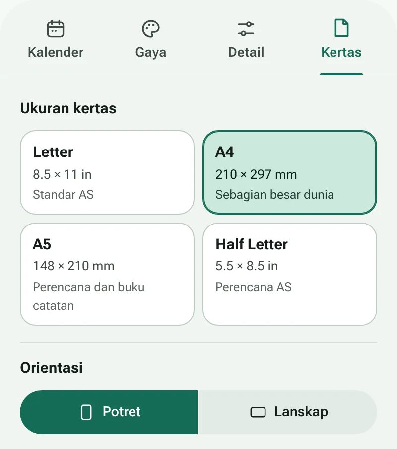 Tab Kertas dengan ukuran kertas dan orientasi halaman