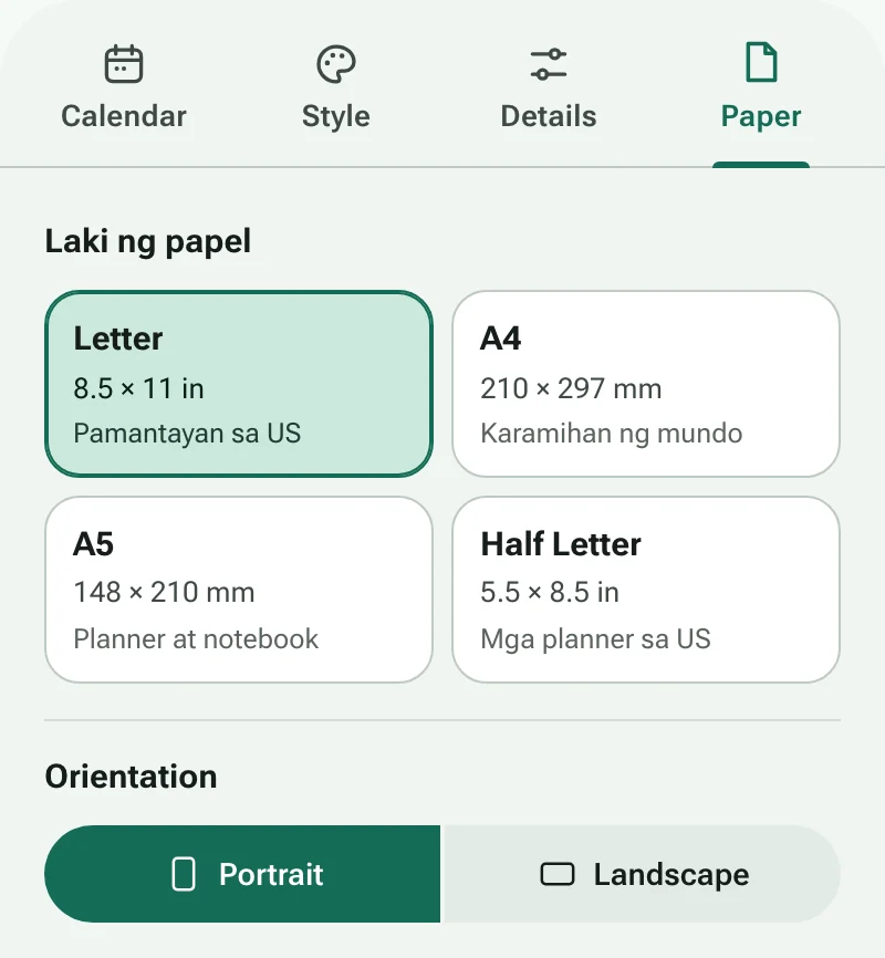 Ang tab na Paper na may mga laki ng papel at orientation ng pahina