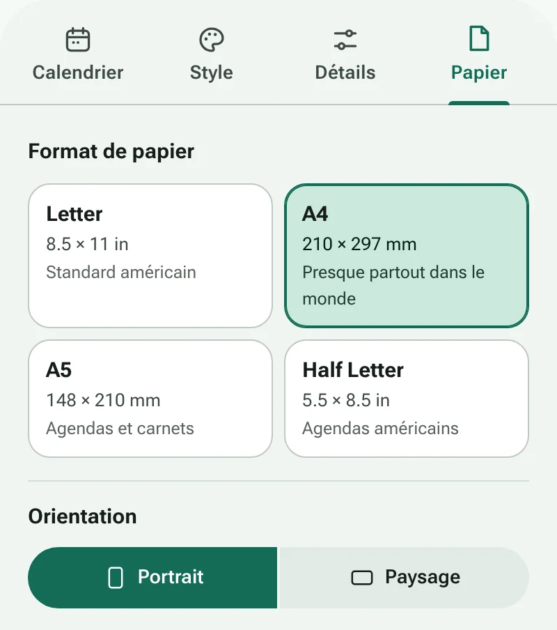 L'onglet Papier avec les formats de papier et l'orientation de la page