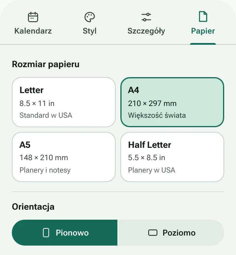 Karta Papier z rozmiarami papieru i orientacją strony