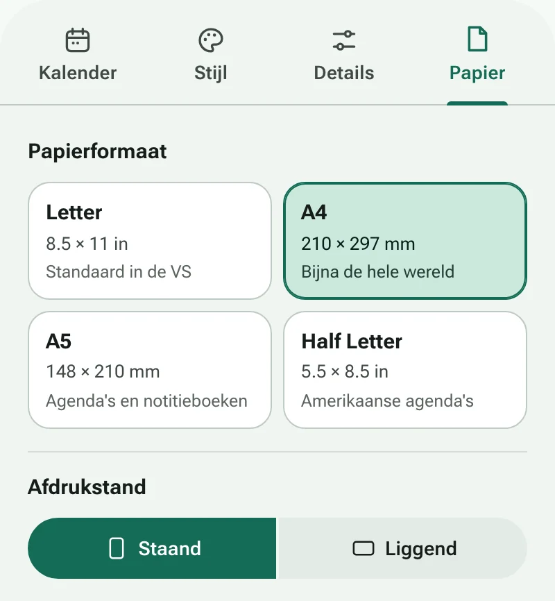 Het tabblad Papier met papierformaten en paginastand