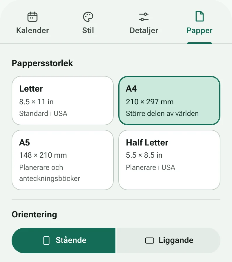 Fliken Papper med pappersstorlekar och sidorientering