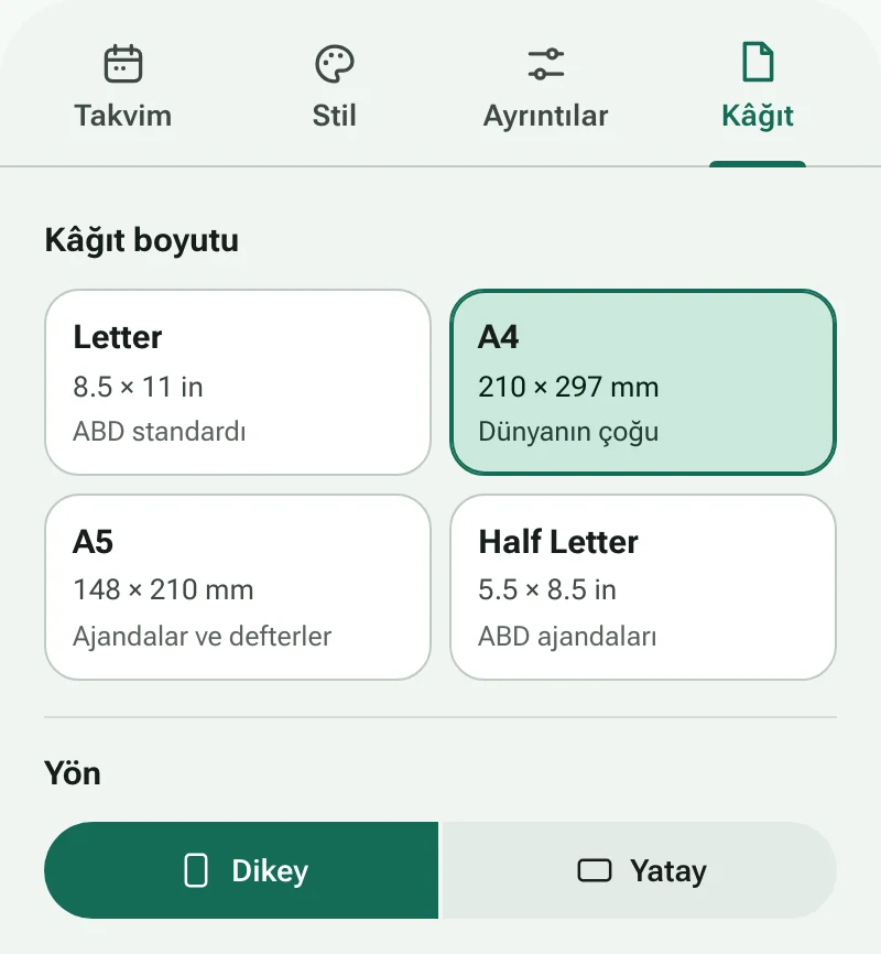 Kâğıt boyutları ve sayfa yönünün bulunduğu Kâğıt sekmesi