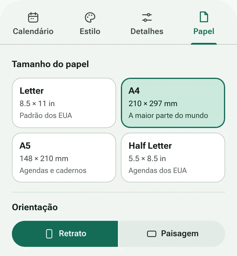 A aba Papel com tamanhos de papel e orientação da página