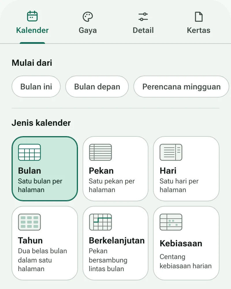Tab Kalender di pembuat kalender, dengan pintasan dan keenam jenis kalender
