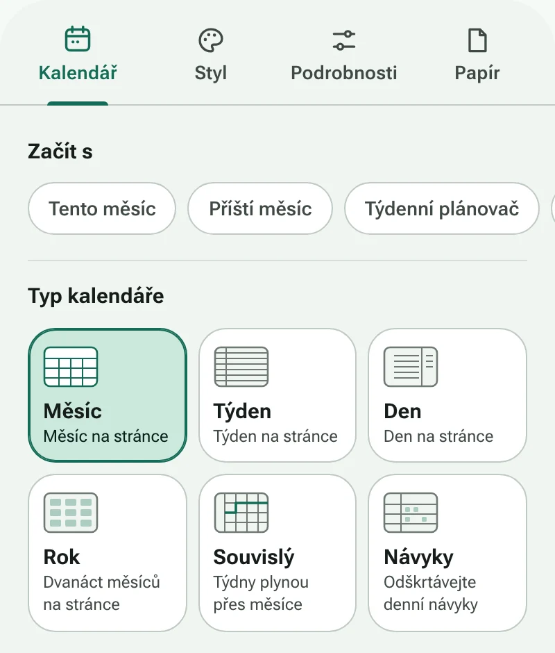 Karta Kalendář v tvůrci kalendářů se zkratkami a šesti typy kalendáře