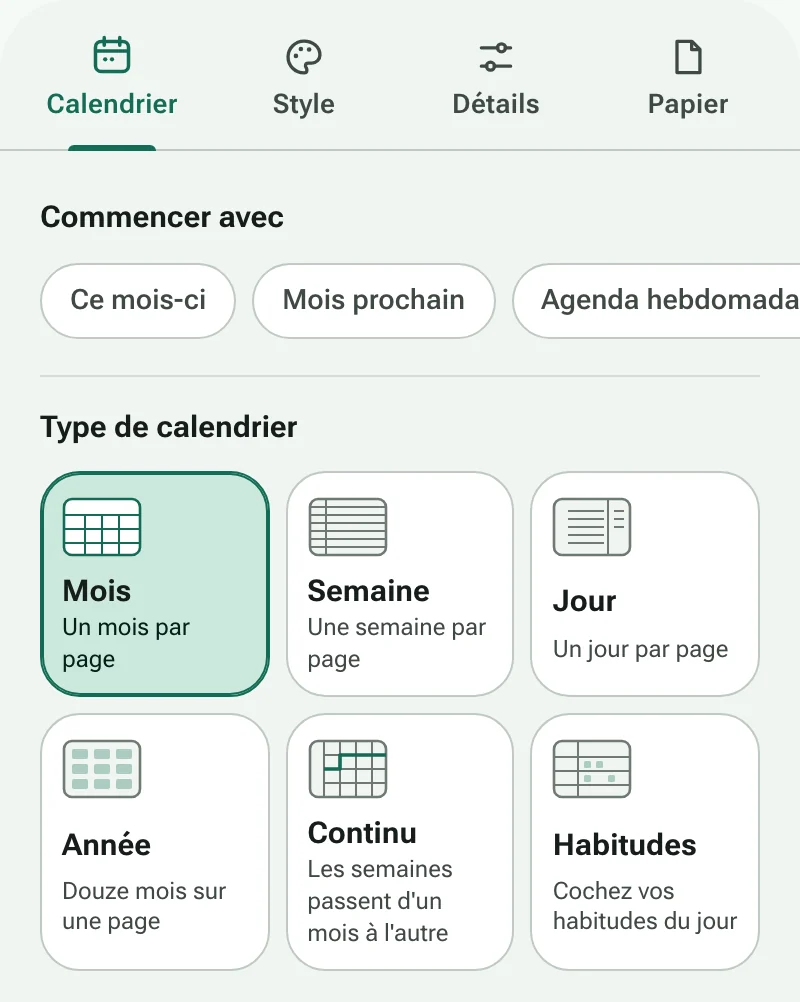 L'onglet Calendrier du créateur de calendrier, avec les raccourcis et les six types de calendrier
