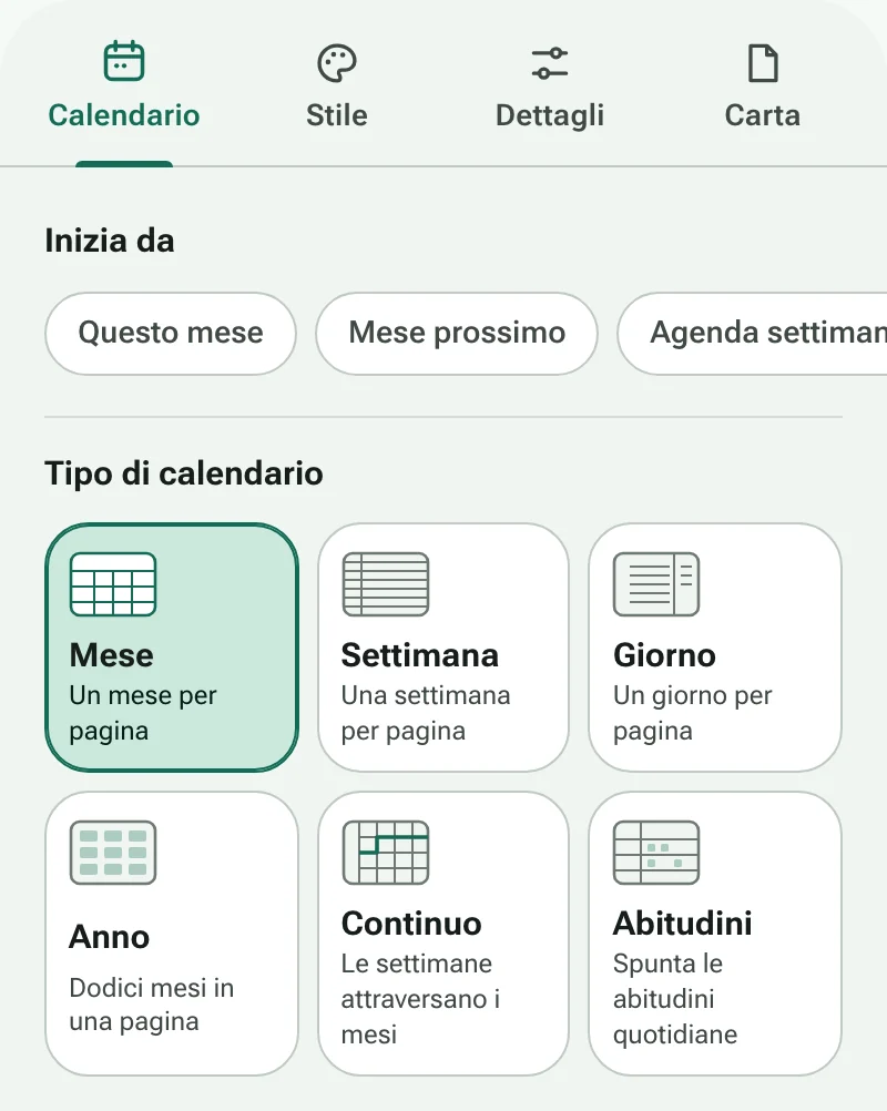 La scheda Calendario del generatore di calendari, con le scorciatoie e i sei tipi di calendario