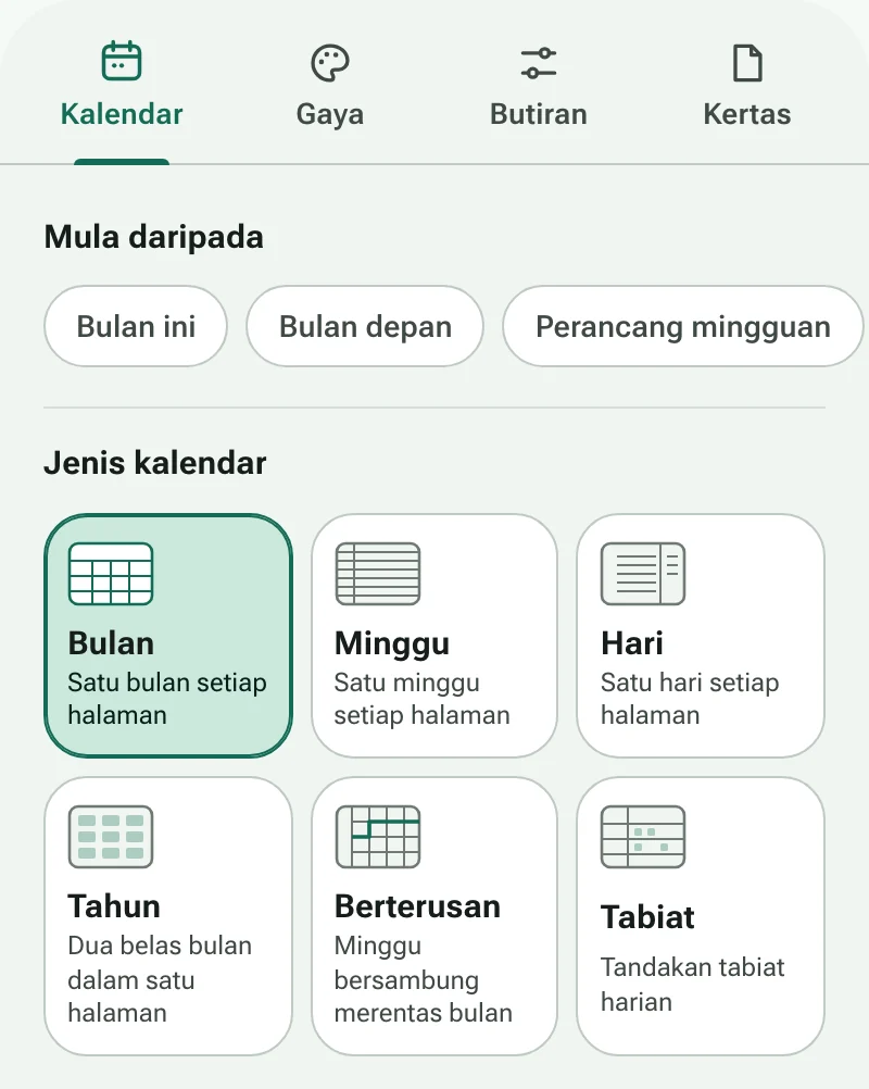 Tab Kalendar dalam pembuat kalendar, dengan pintasan dan enam jenis kalendar