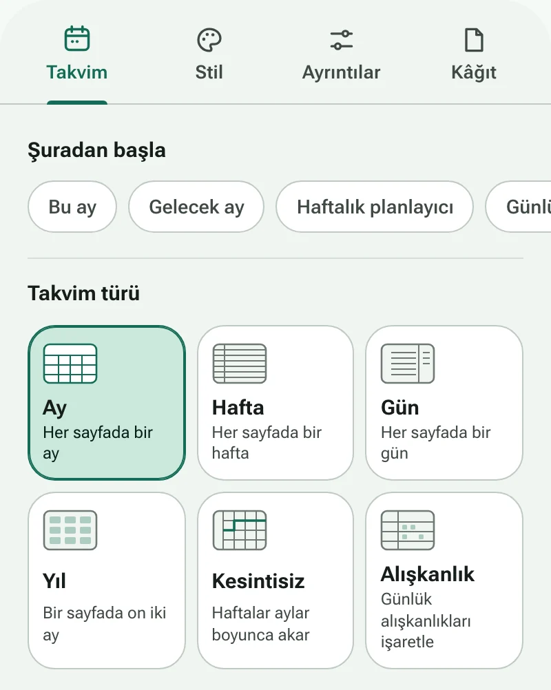 Takvim oluşturucunun Takvim sekmesi; kısayollar ve altı takvim türü