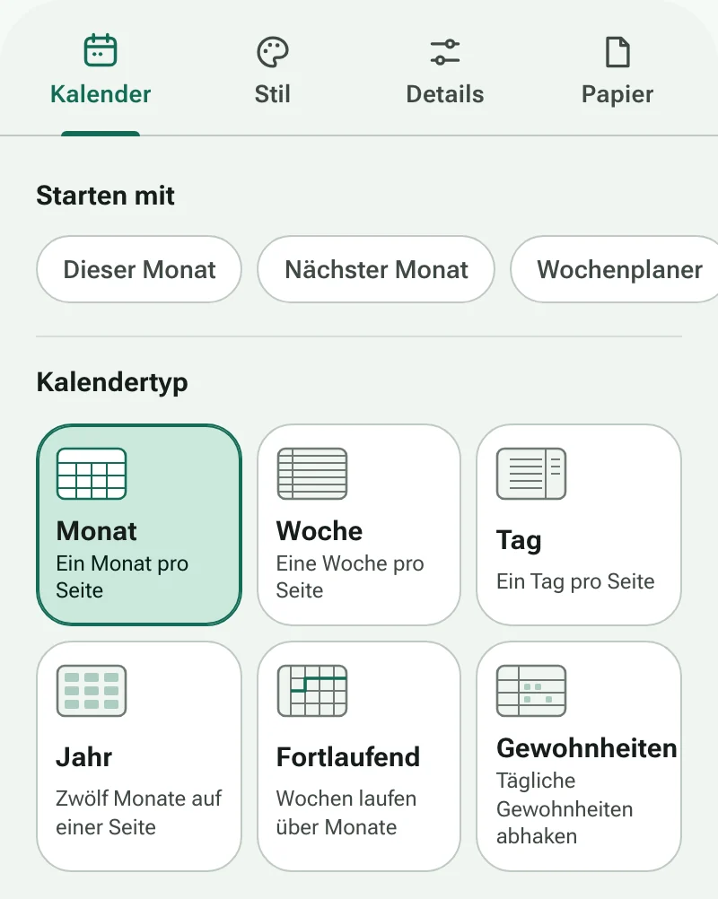 Der Reiter Kalender des Kalender-Generators mit Schnellstarts und den sechs Kalendertypen