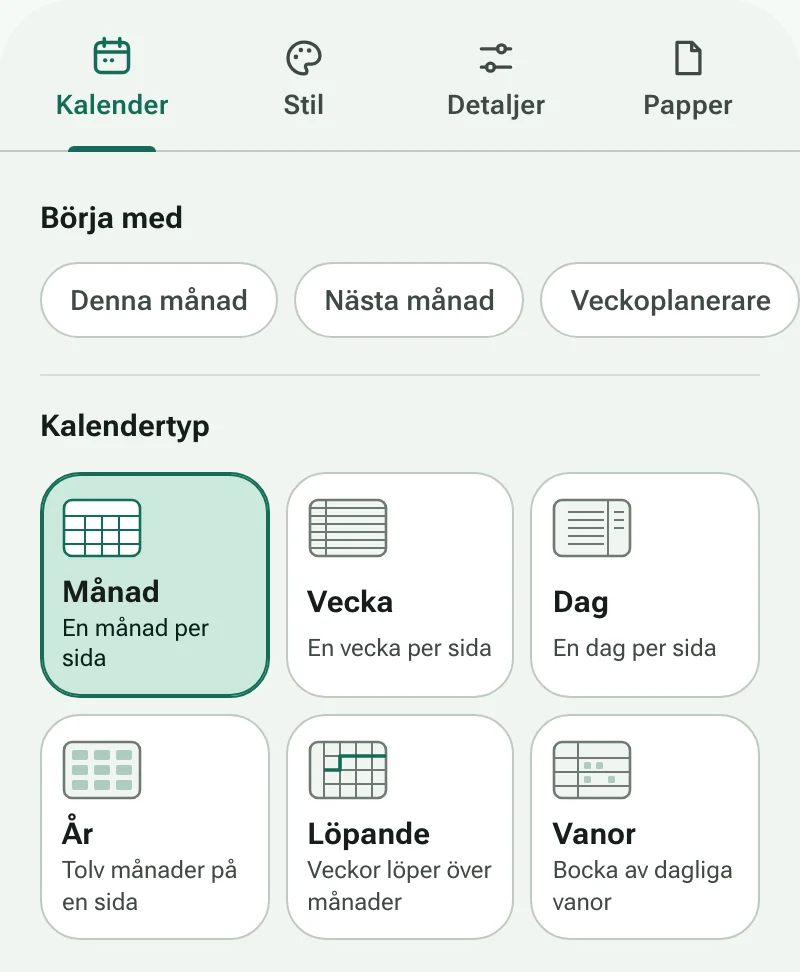 Fliken Kalender i kalenderskaparen med genvägar och de sex kalendertyperna