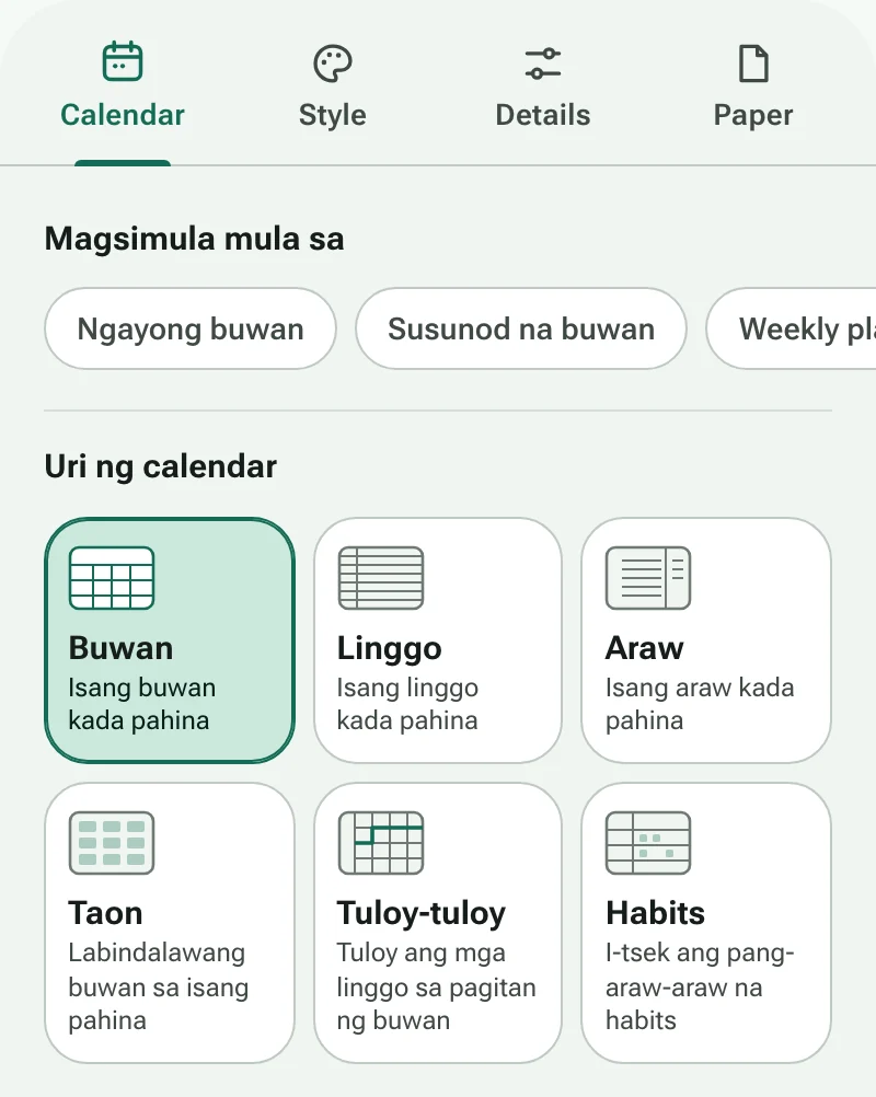 Ang tab na Calendar ng calendar maker, kasama ang mga shortcut at ang anim na uri ng calendar