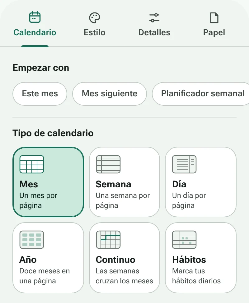 La pestaña Calendario del creador de calendarios, con atajos y los seis tipos de calendario