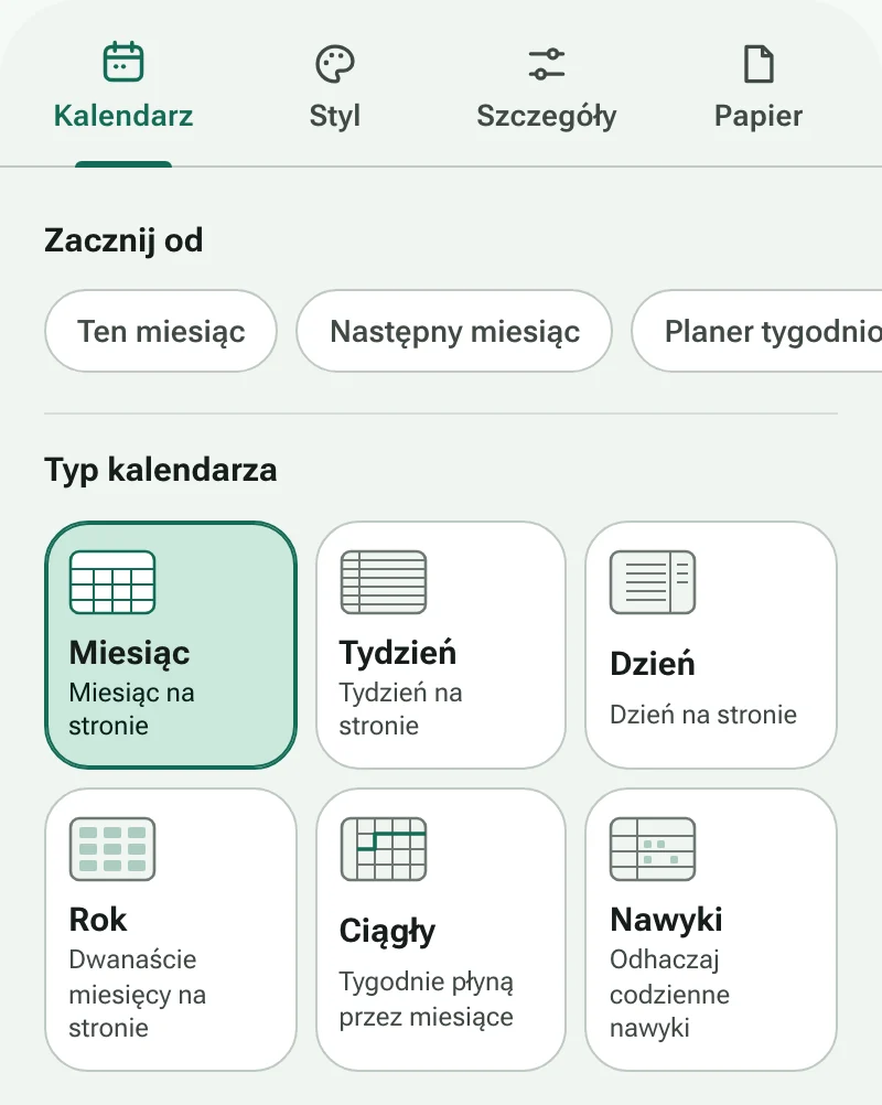 Karta Kalendarz w kreatorze kalendarzy ze skrótami i sześcioma typami kalendarza