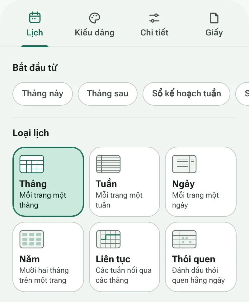 Tab Lịch của công cụ tạo lịch, với các lối tắt và sáu loại lịch