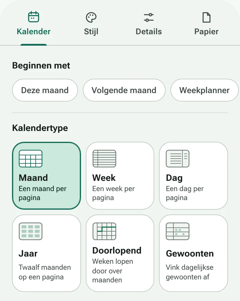 Het tabblad Kalender van de kalendermaker, met snelkoppelingen en de zes kalendertypes