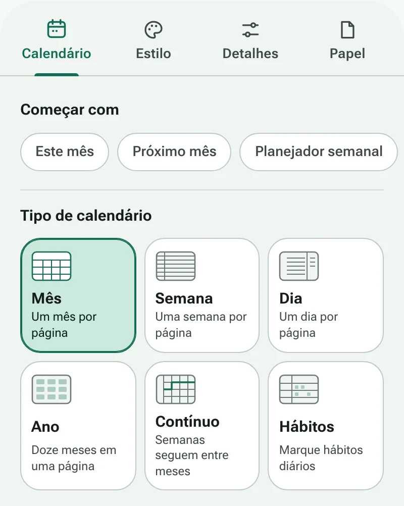 A aba Calendário do criador de calendários, com atalhos e os seis tipos de calendário